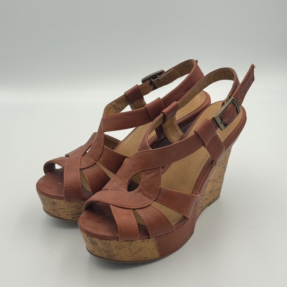 Zodiac Vinnie Womens Brown Strappy Cork Platform Wedge Sandals Size 7M